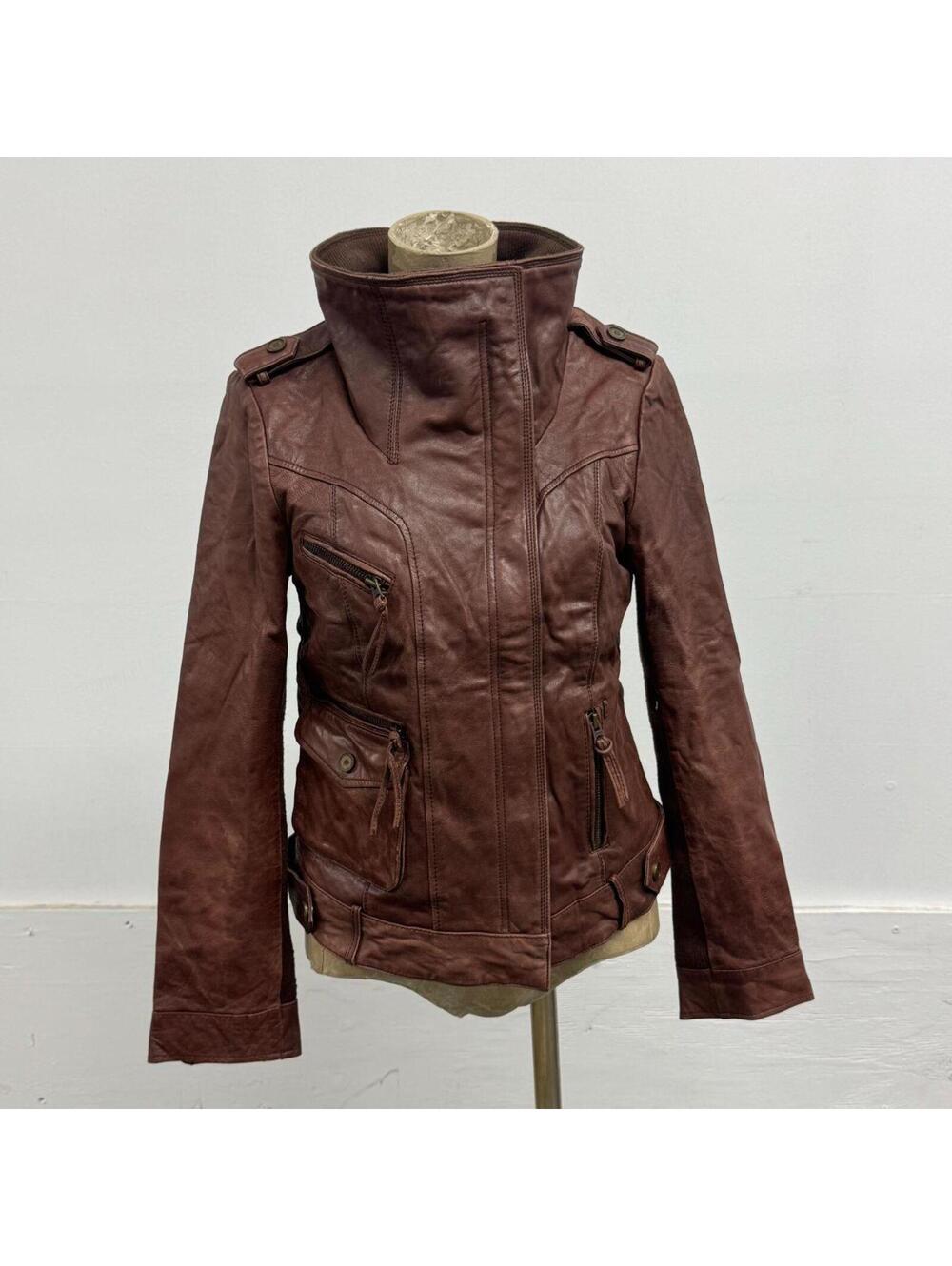 Vintage ONLY Cognac Goat Leather Architectural Funnel Neck Jacket